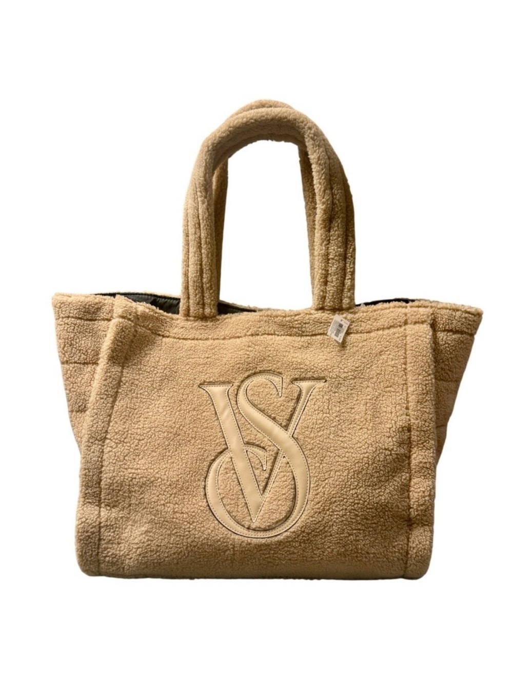 Victoria's Secret Cozy Plush Sherpa Tote Bag Tan Logo Large Snap Close Logo Bag